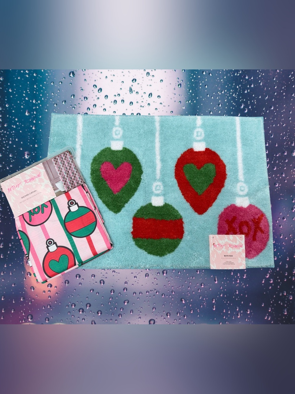Betsey Johnson NWT Bath Accessory Set Aqua Ornament Bath Mat & Shower Curtain